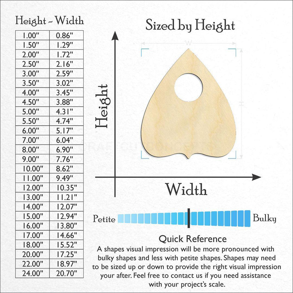 Sizes available for a laser cut Planchette craft blank