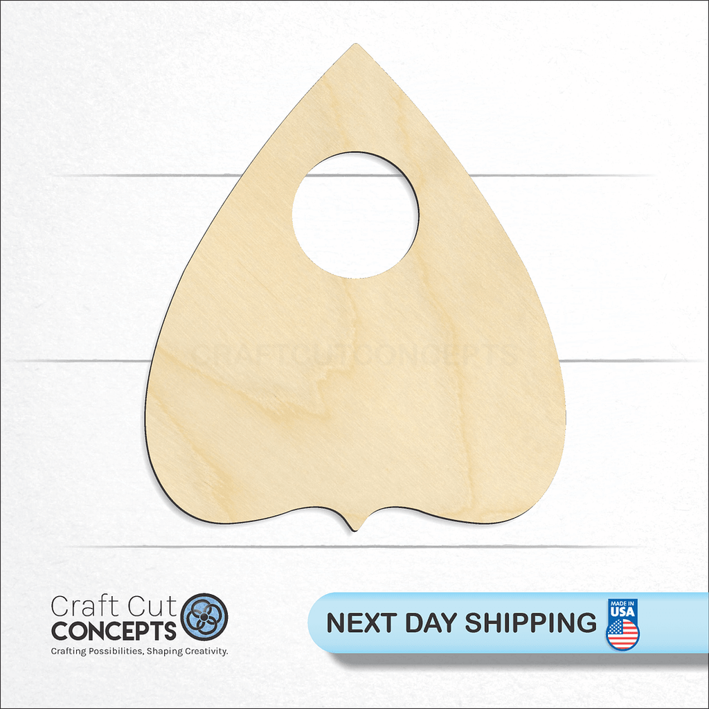 Craft Cut Concepts logo and next day shipping banner with an unfinished wood Planchette craft shape and blank