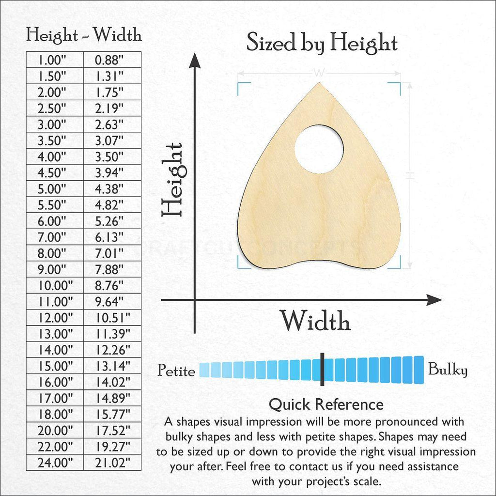 Sizes available for a laser cut Planchette craft blank