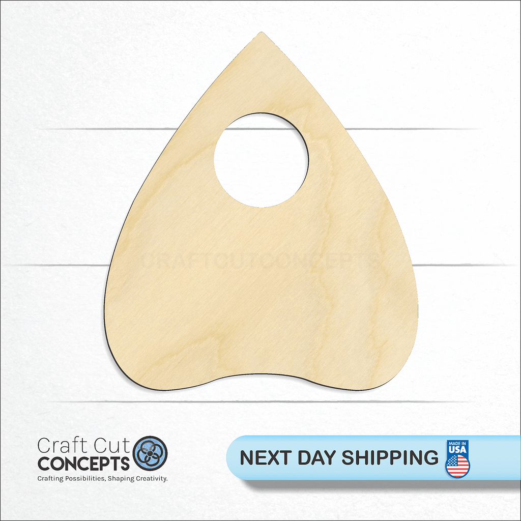 Craft Cut Concepts logo and next day shipping banner with an unfinished wood Planchette craft shape and blank