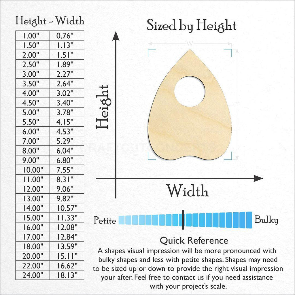 Sizes available for a laser cut Planchette craft blank