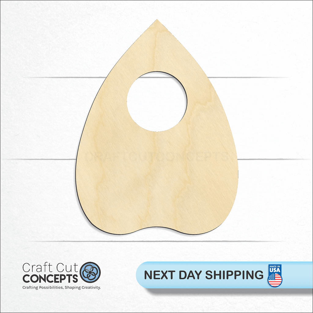 Craft Cut Concepts logo and next day shipping banner with an unfinished wood Planchette craft shape and blank