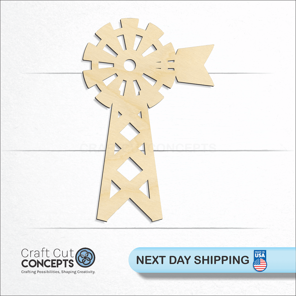 Craft Cut Concepts logo and next day shipping banner with an unfinished wood Windmill craft shape and blank