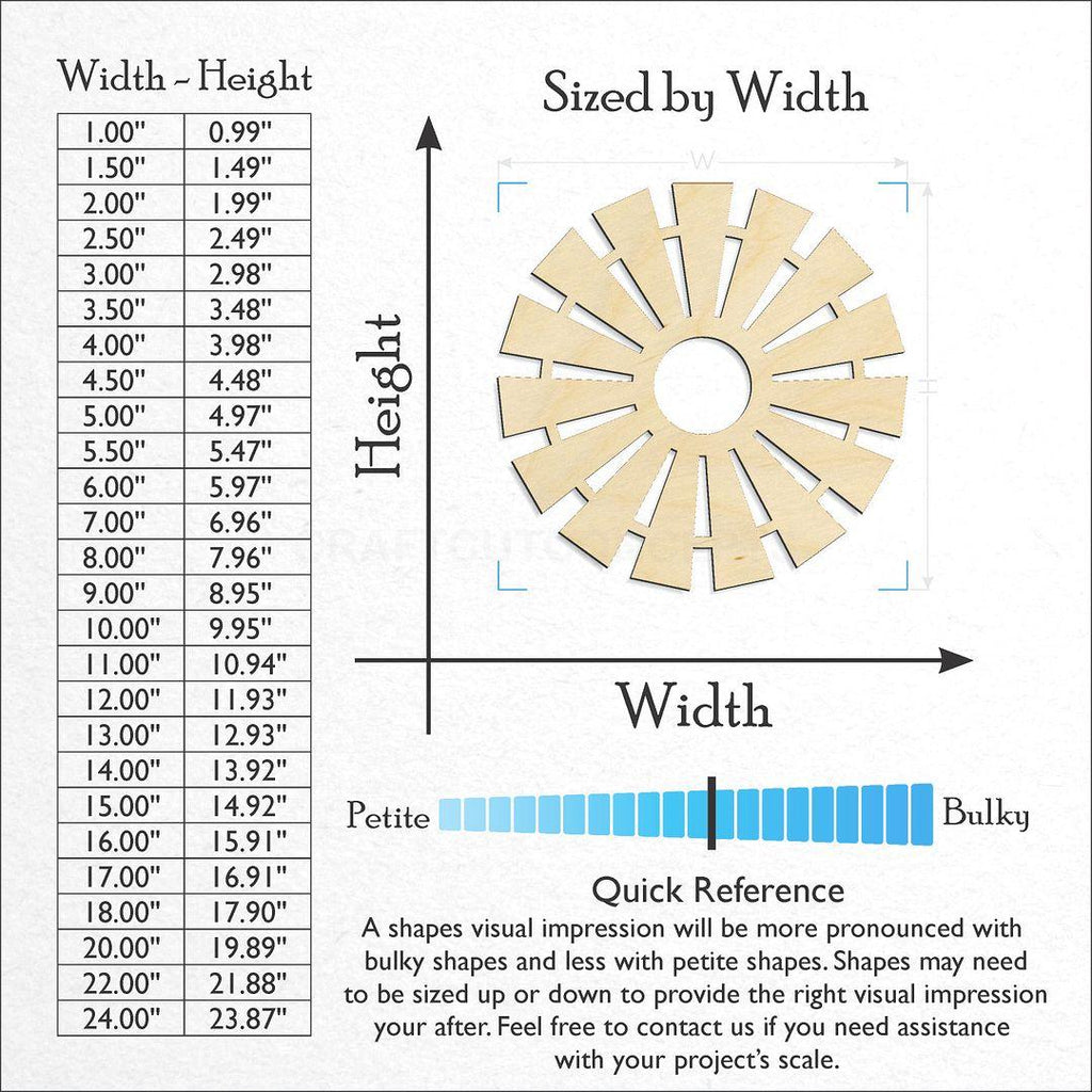 Sizes available for a laser cut Windmill craft blank