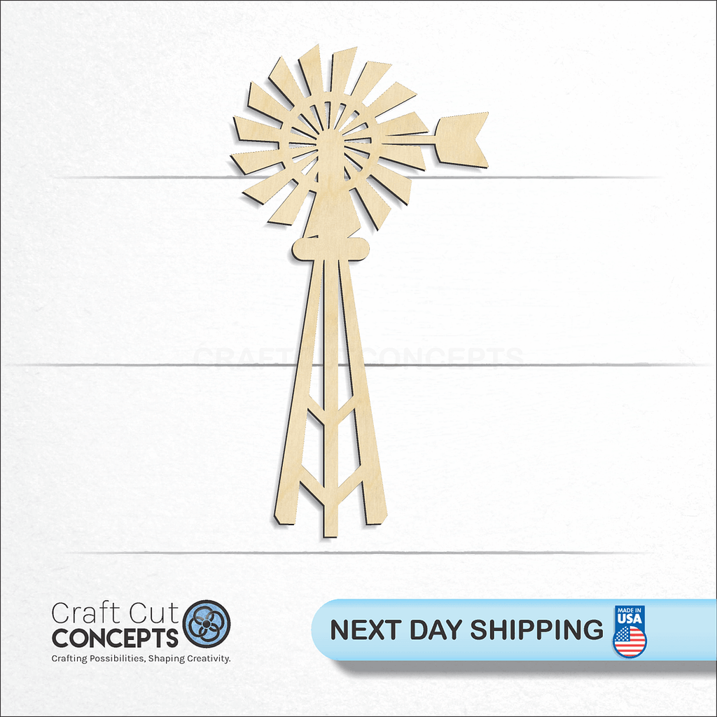 Craft Cut Concepts logo and next day shipping banner with an unfinished wood Windmill craft shape and blank