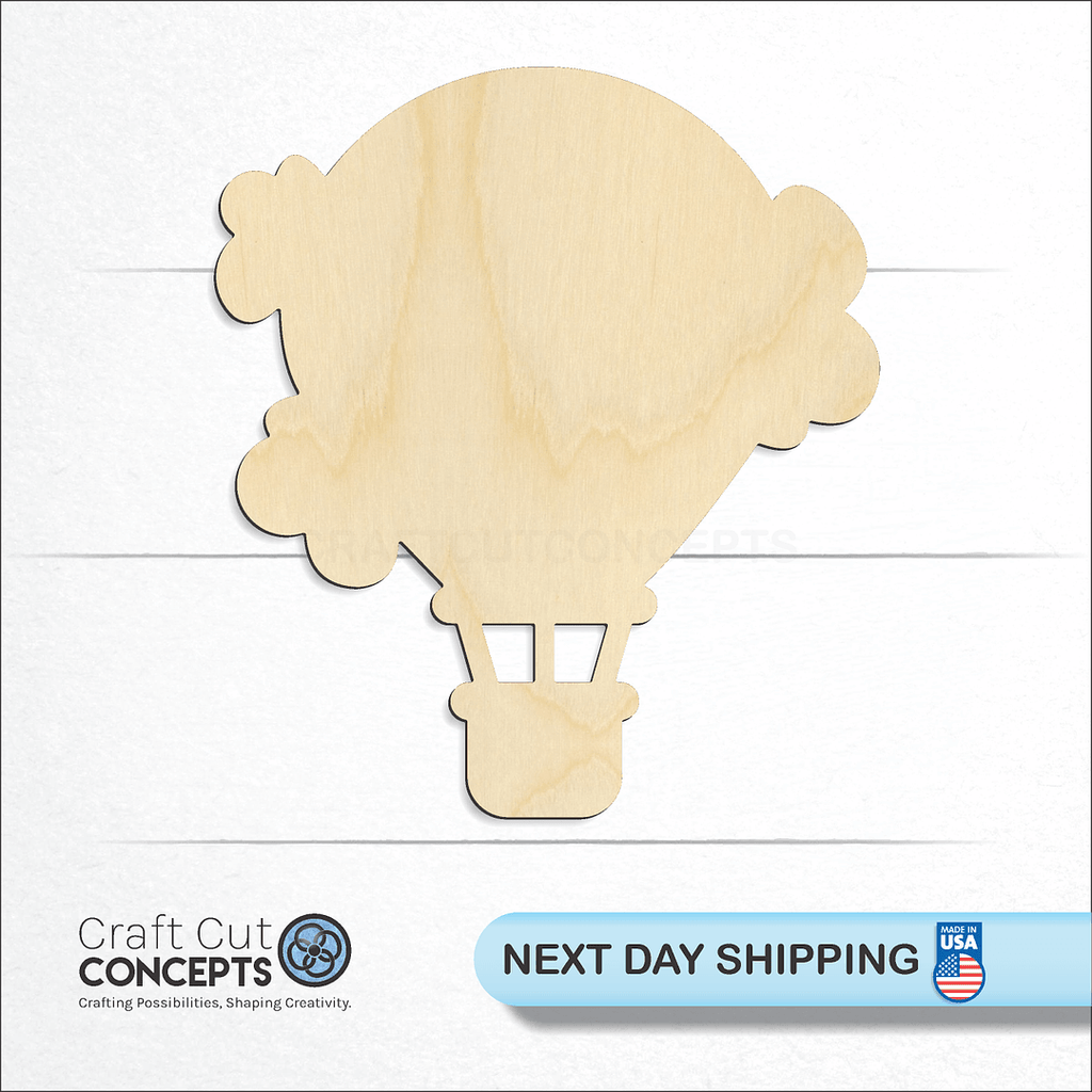 Craft Cut Concepts logo and next day shipping banner with an unfinished wood Hot Air Balloon craft shape and blank