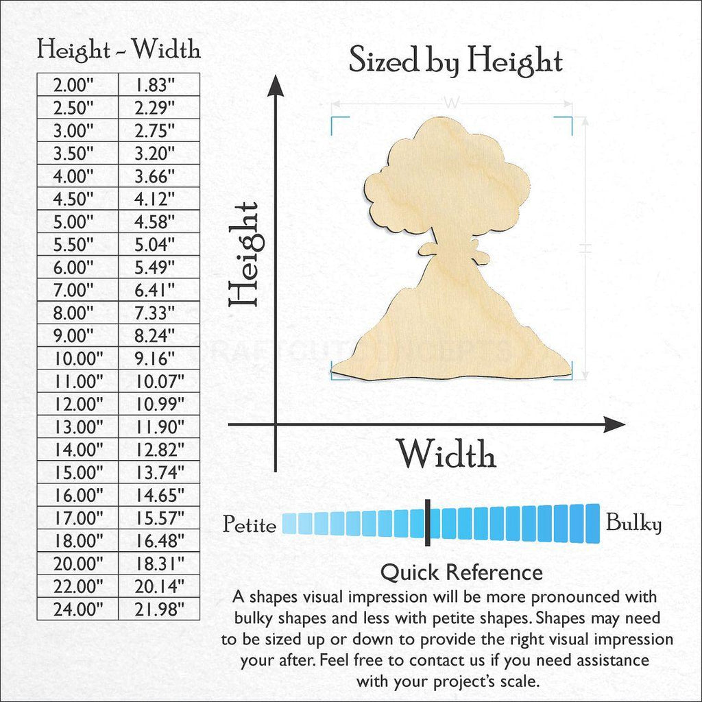 Sizes available for a laser cut Volcano craft blank