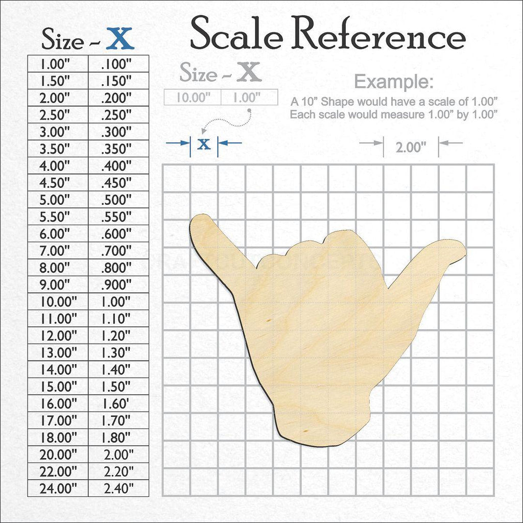 A scale and graph image showing a wood Sign Language - Shaka craft blank