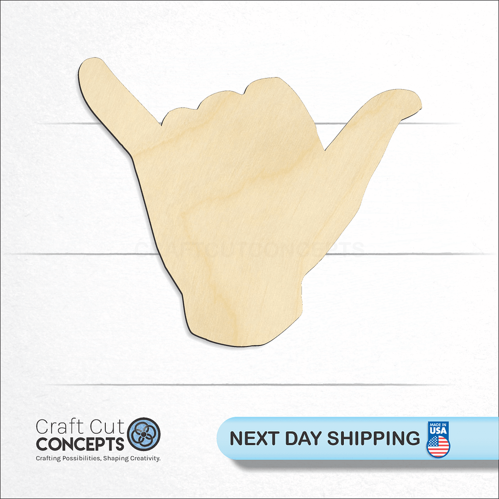 Craft Cut Concepts logo and next day shipping banner with an unfinished wood Sign Language - Shaka craft shape and blank