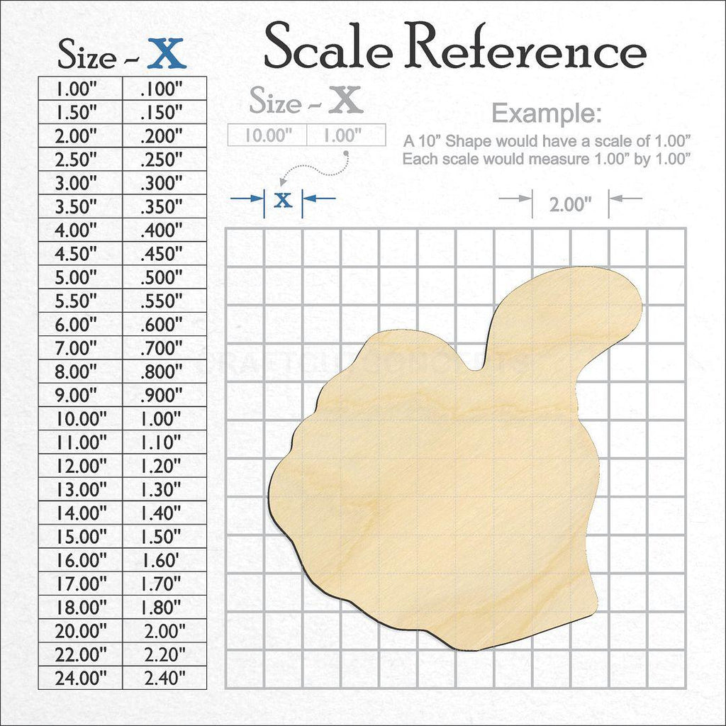 A scale and graph image showing a wood Sign Language - Big Thumbs Up craft blank