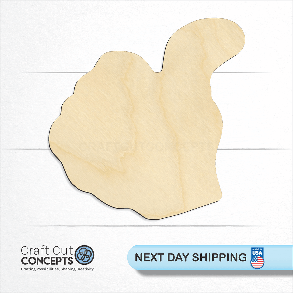 Craft Cut Concepts logo and next day shipping banner with an unfinished wood Sign Language - Big Thumbs Up craft shape and blank