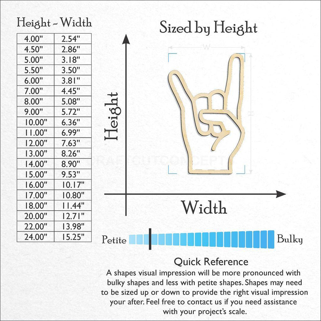 Sizes available for a laser cut Sign Language - Rock N Roll craft blank