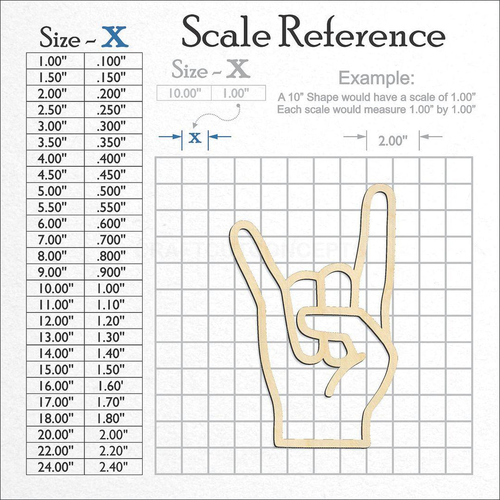 A scale and graph image showing a wood Sign Language - Rock N Roll craft blank