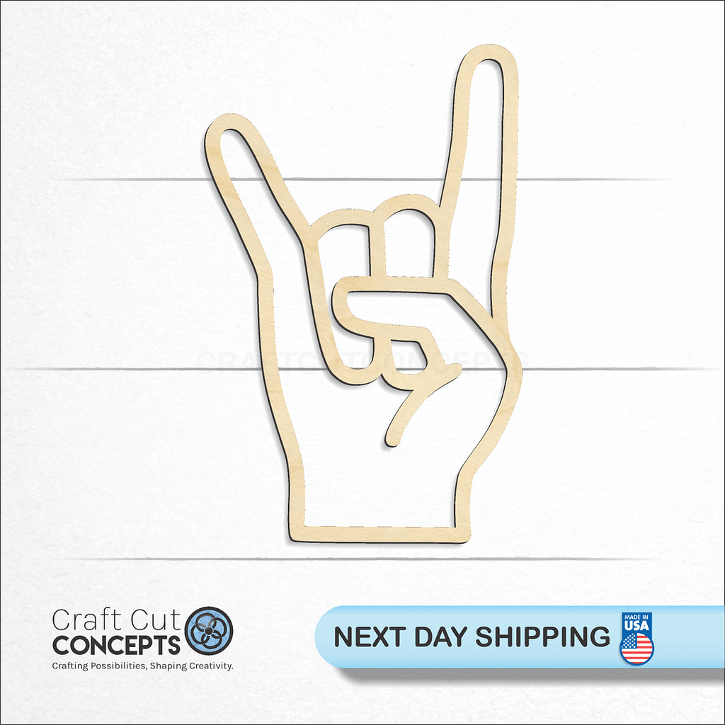 Craft Cut Concepts logo and next day shipping banner with an unfinished wood Sign Language - Rock N Roll craft shape and blank