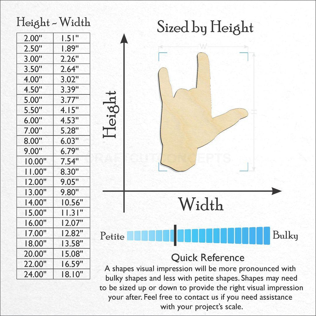 Sizes available for a laser cut Sign Language - Love craft blank