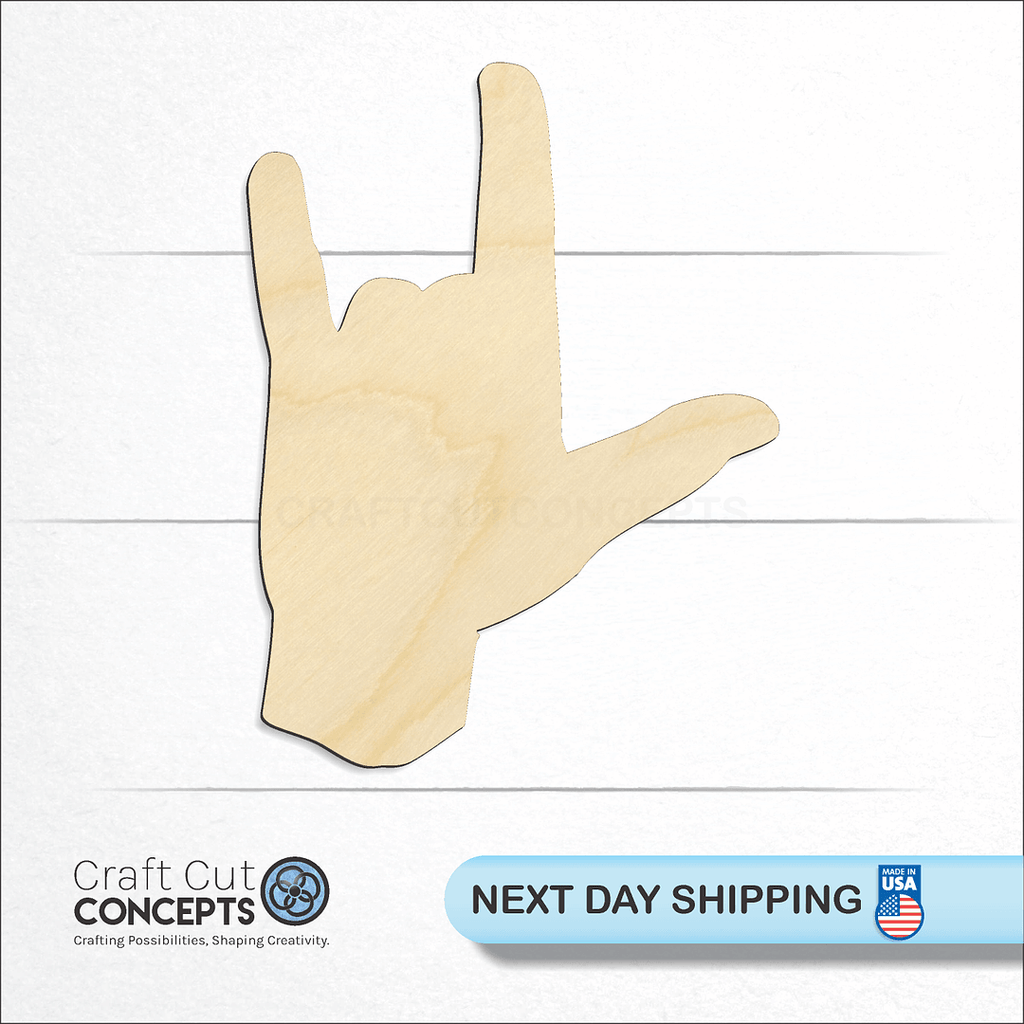 Craft Cut Concepts logo and next day shipping banner with an unfinished wood Sign Language - Love craft shape and blank