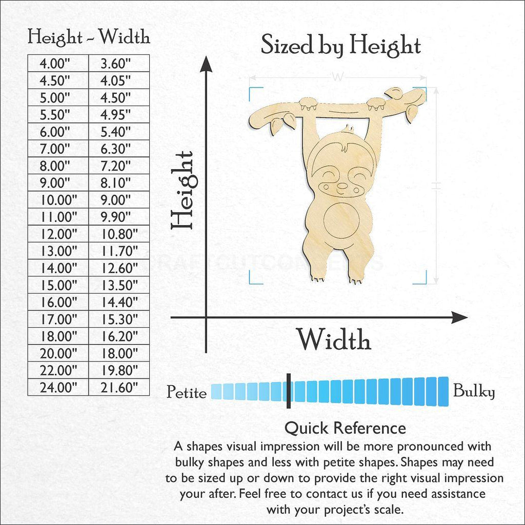 Sizes available for a laser cut PBL-Sloth craft blank