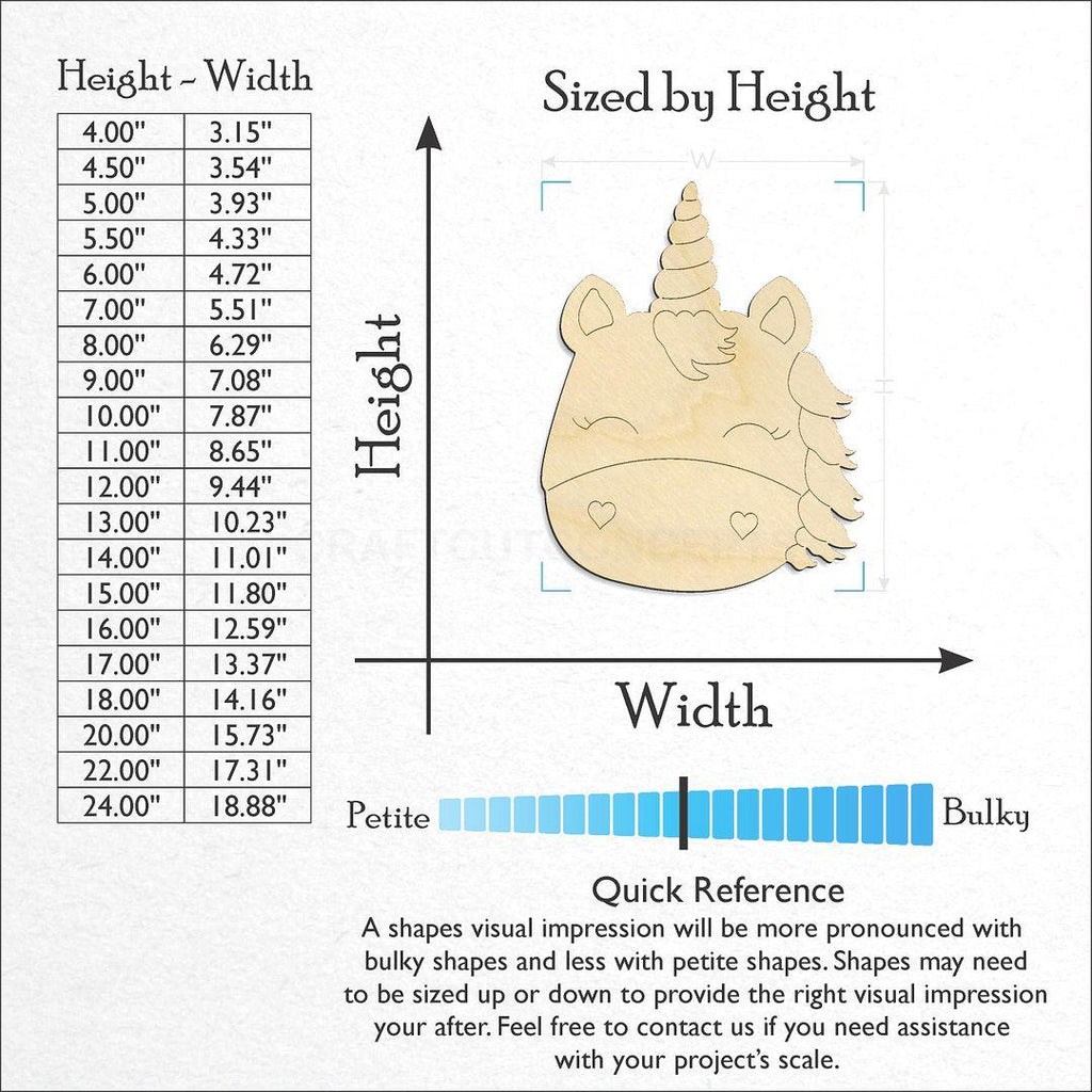 Sizes available for a laser cut PBL-Unicorn craft blank