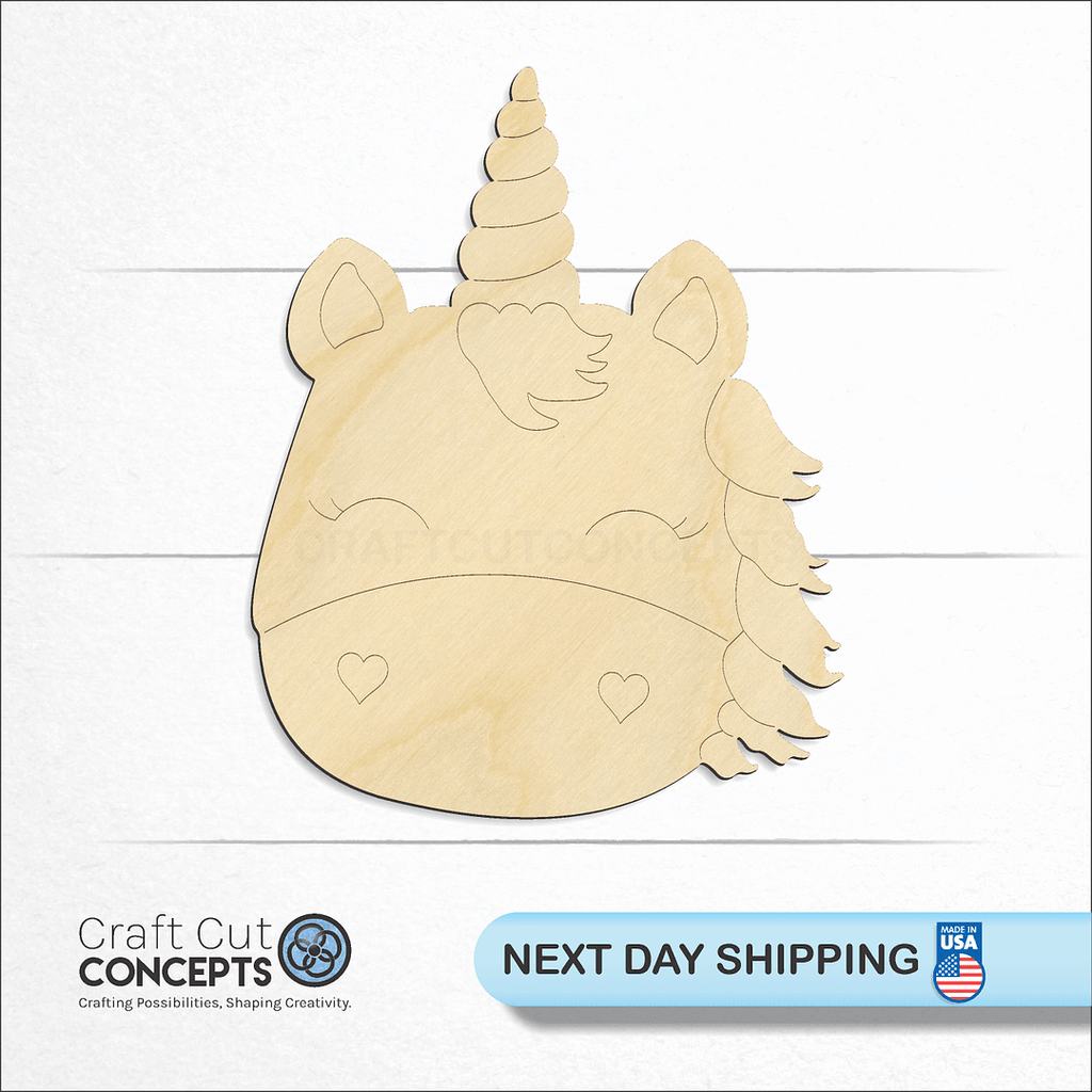 Craft Cut Concepts logo and next day shipping banner with an unfinished wood PBL-Unicorn craft shape and blank