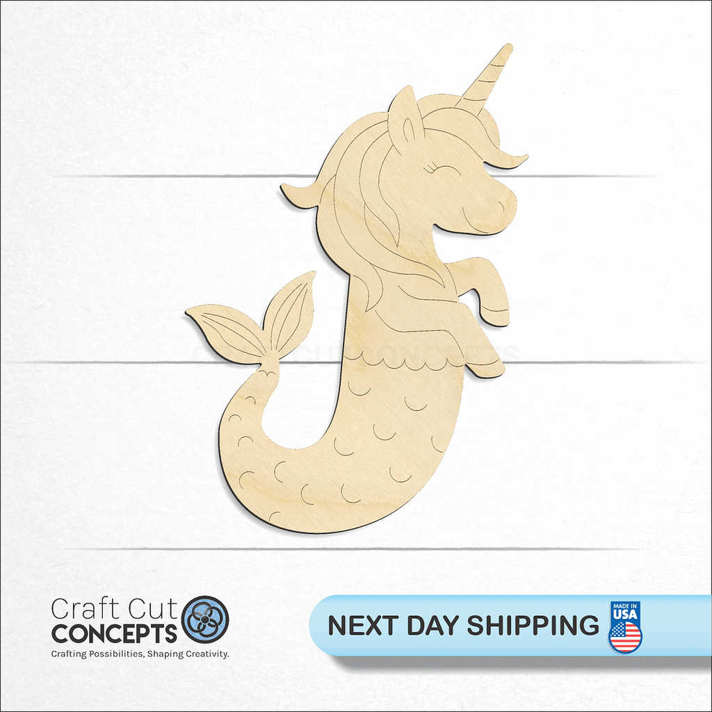 Craft Cut Concepts logo and next day shipping banner with an unfinished wood PBL-Unicorn Mermaid craft shape and blank