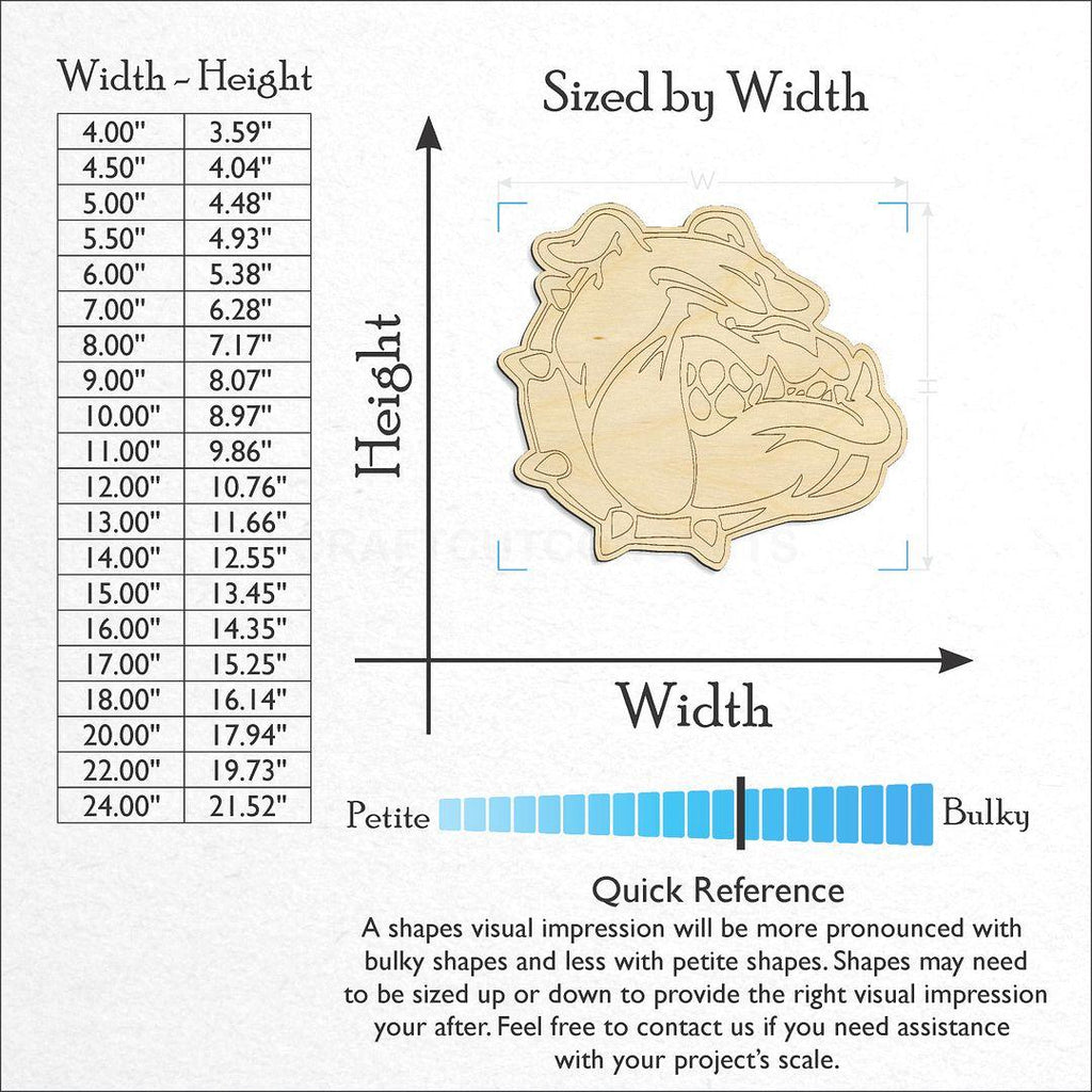 Sizes available for a laser cut PBL-Bulldog craft blank