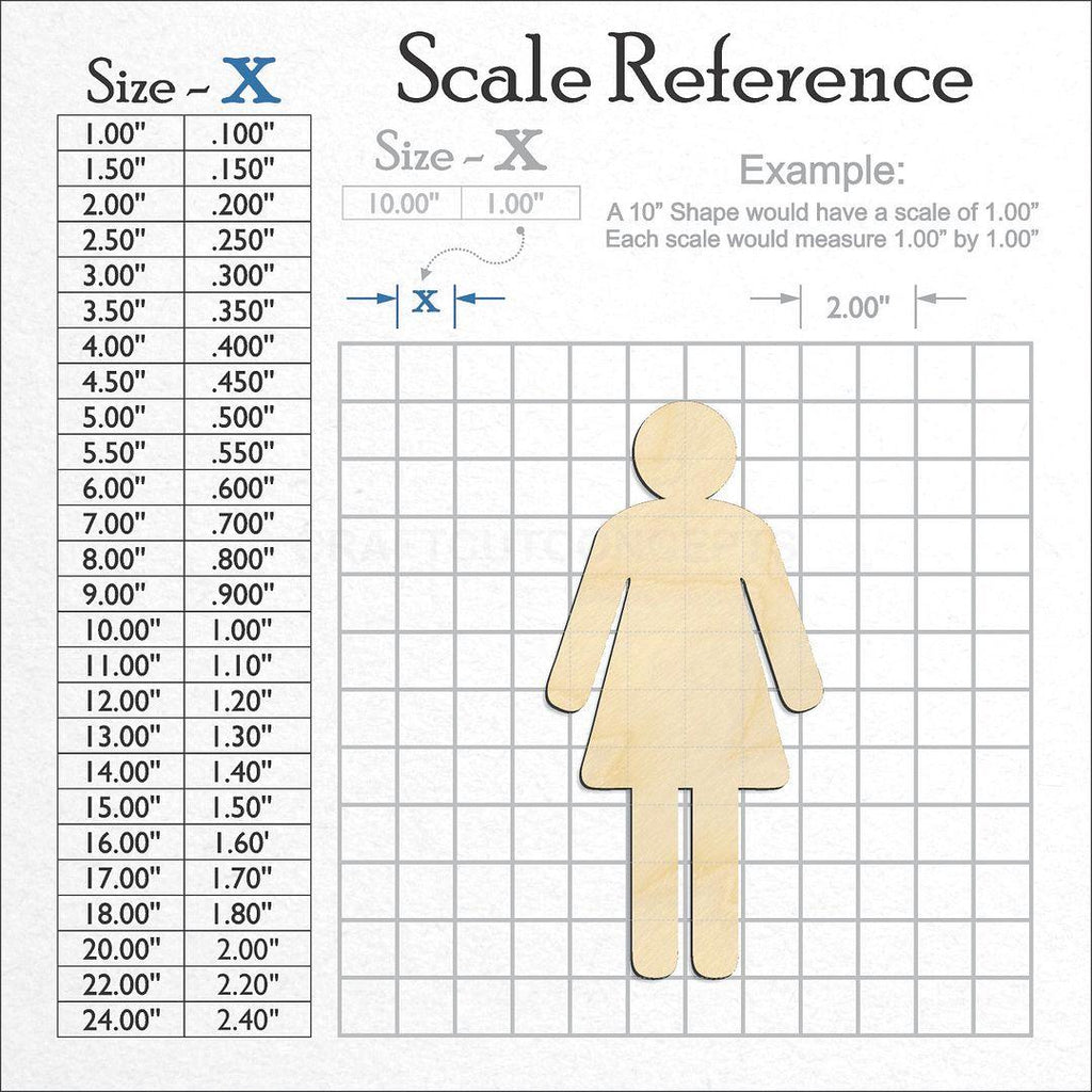 A scale and graph image showing a wood Female Bathroom Sign craft blank