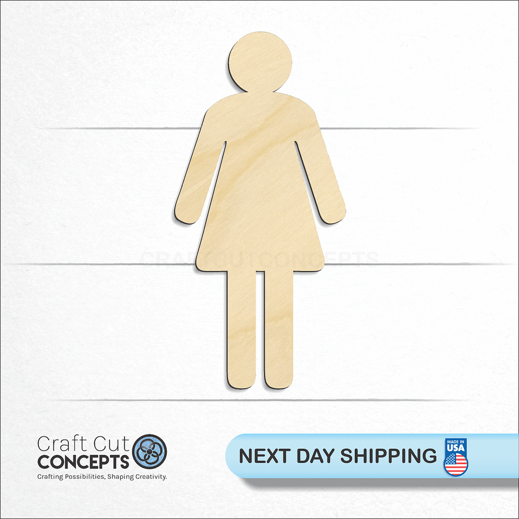 Craft Cut Concepts logo and next day shipping banner with an unfinished wood Female Bathroom Sign craft shape and blank