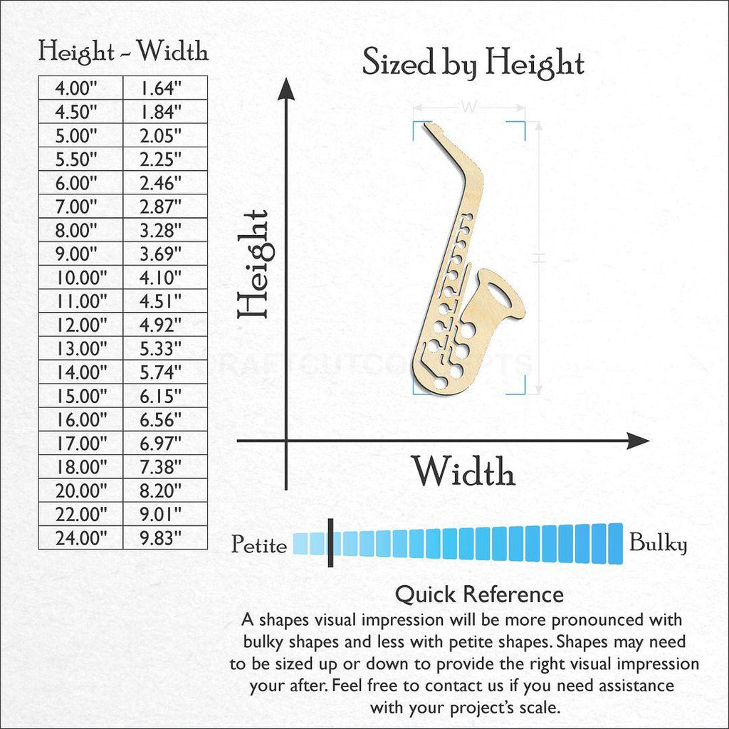 Sizes available for a laser cut Saxaphone craft blank