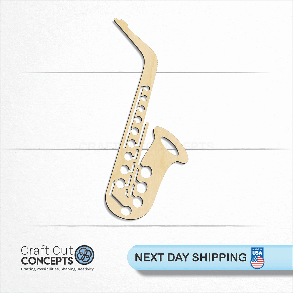 Craft Cut Concepts logo and next day shipping banner with an unfinished wood Saxaphone craft shape and blank