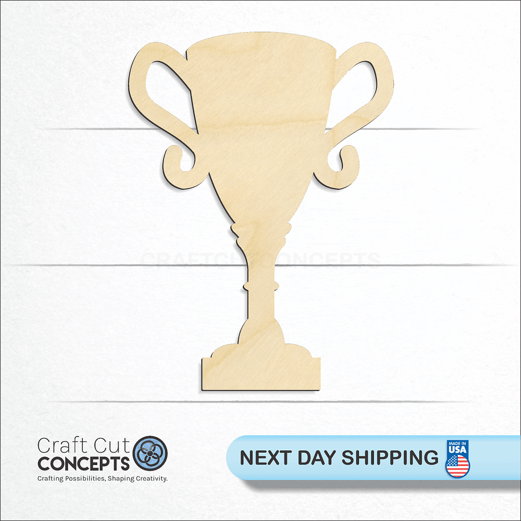 Craft Cut Concepts logo and next day shipping banner with an unfinished wood Trophy craft shape and blank