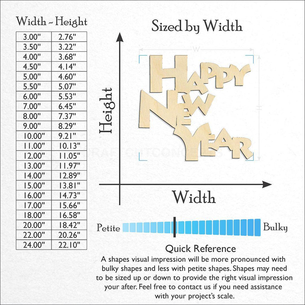 Sizes available for a laser cut Happy New Year craft blank