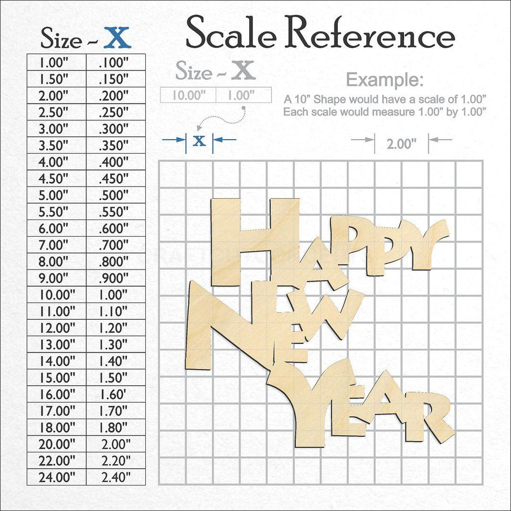 A scale and graph image showing a wood Happy New Year craft blank