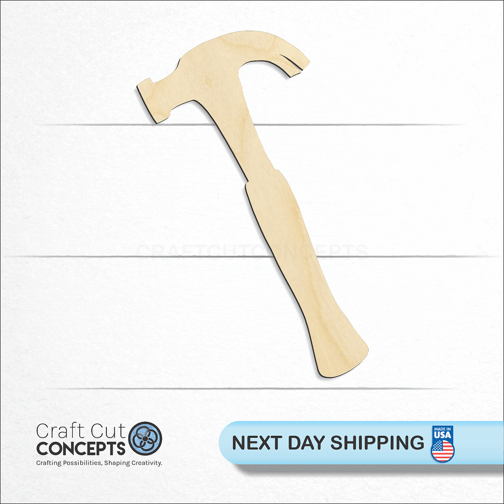 Craft Cut Concepts logo and next day shipping banner with an unfinished wood Hammer craft shape and blank