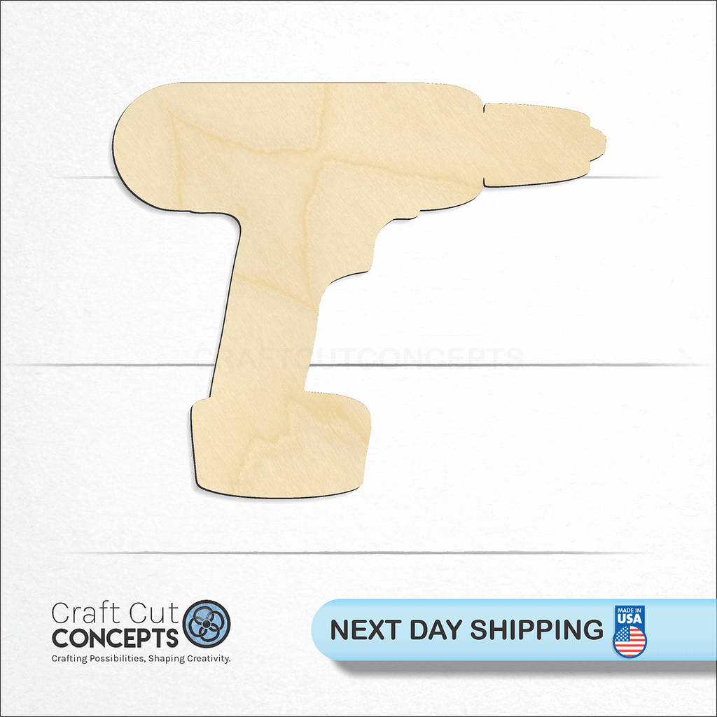 Craft Cut Concepts logo and next day shipping banner with an unfinished wood Drill craft shape and blank