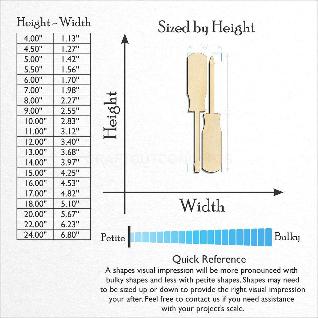 Sizes available for a laser cut Screw Drivers craft blank