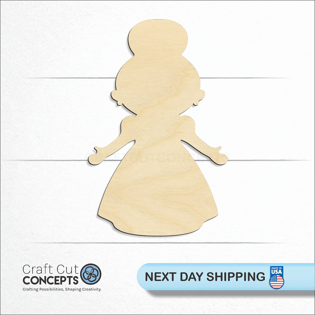 Craft Cut Concepts logo and next day shipping banner with an unfinished wood Mrs Claus craft shape and blank