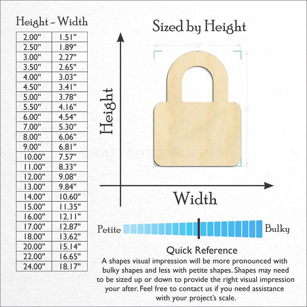 Sizes available for a laser cut Pad Lock craft blank