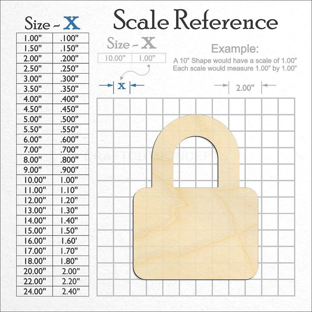 A scale and graph image showing a wood Pad Lock craft blank