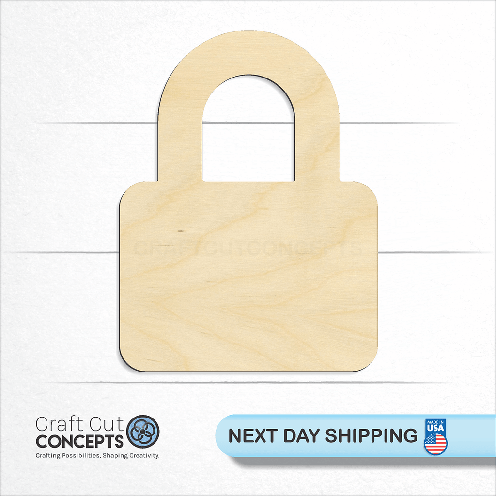 Craft Cut Concepts logo and next day shipping banner with an unfinished wood Pad Lock craft shape and blank