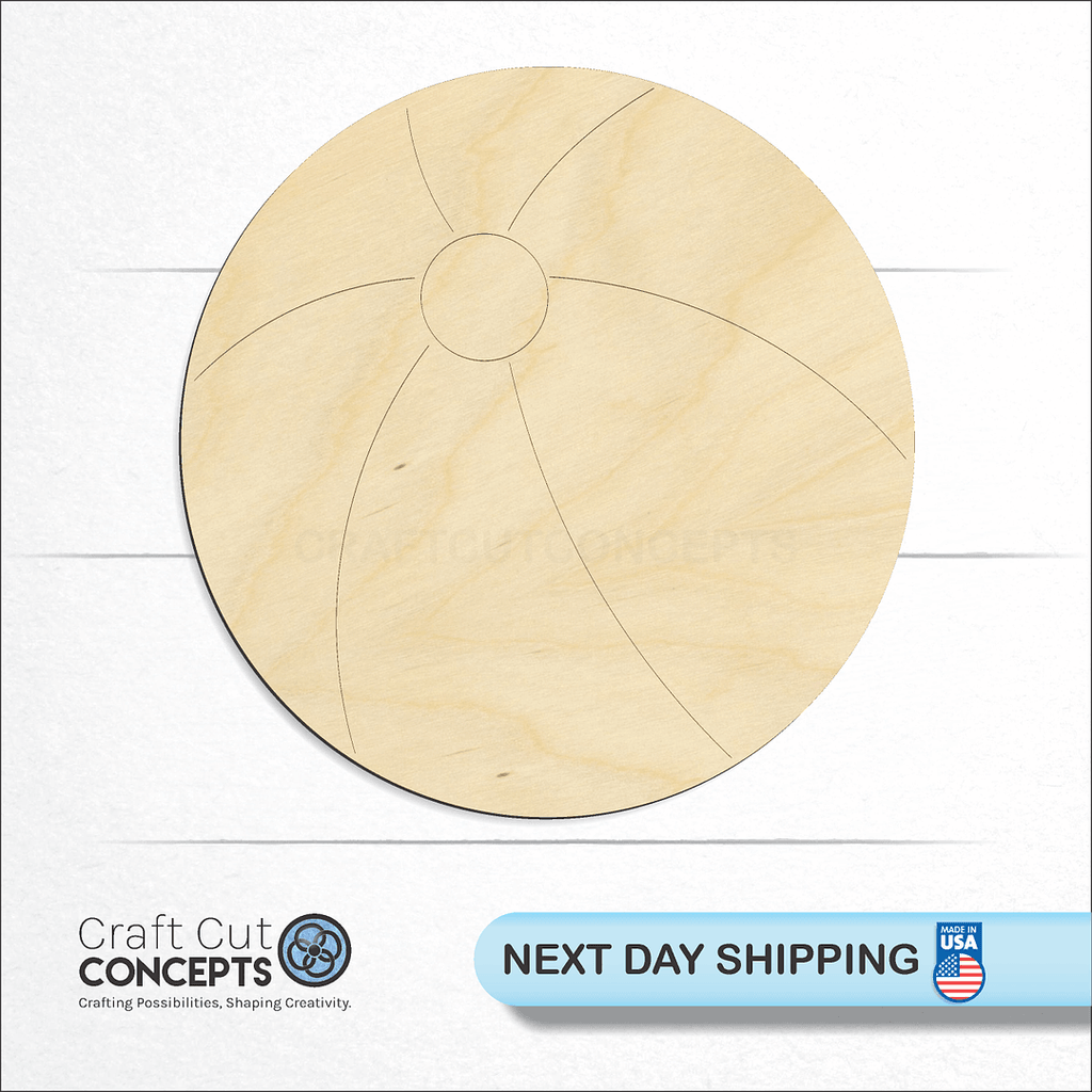 Craft Cut Concepts logo and next day shipping banner with an unfinished wood Beach Ball craft shape and blank