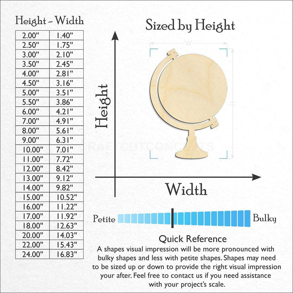 Sizes available for a laser cut Globe craft blank