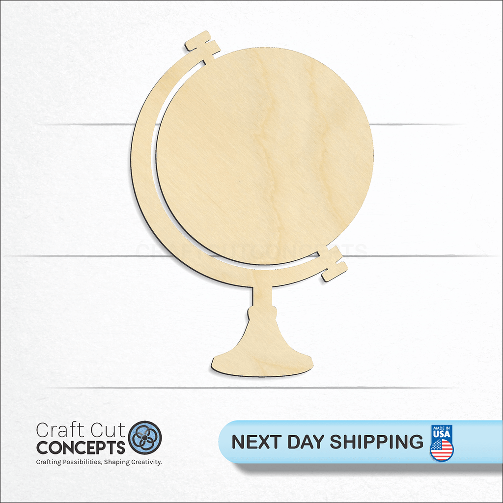 Craft Cut Concepts logo and next day shipping banner with an unfinished wood Globe craft shape and blank