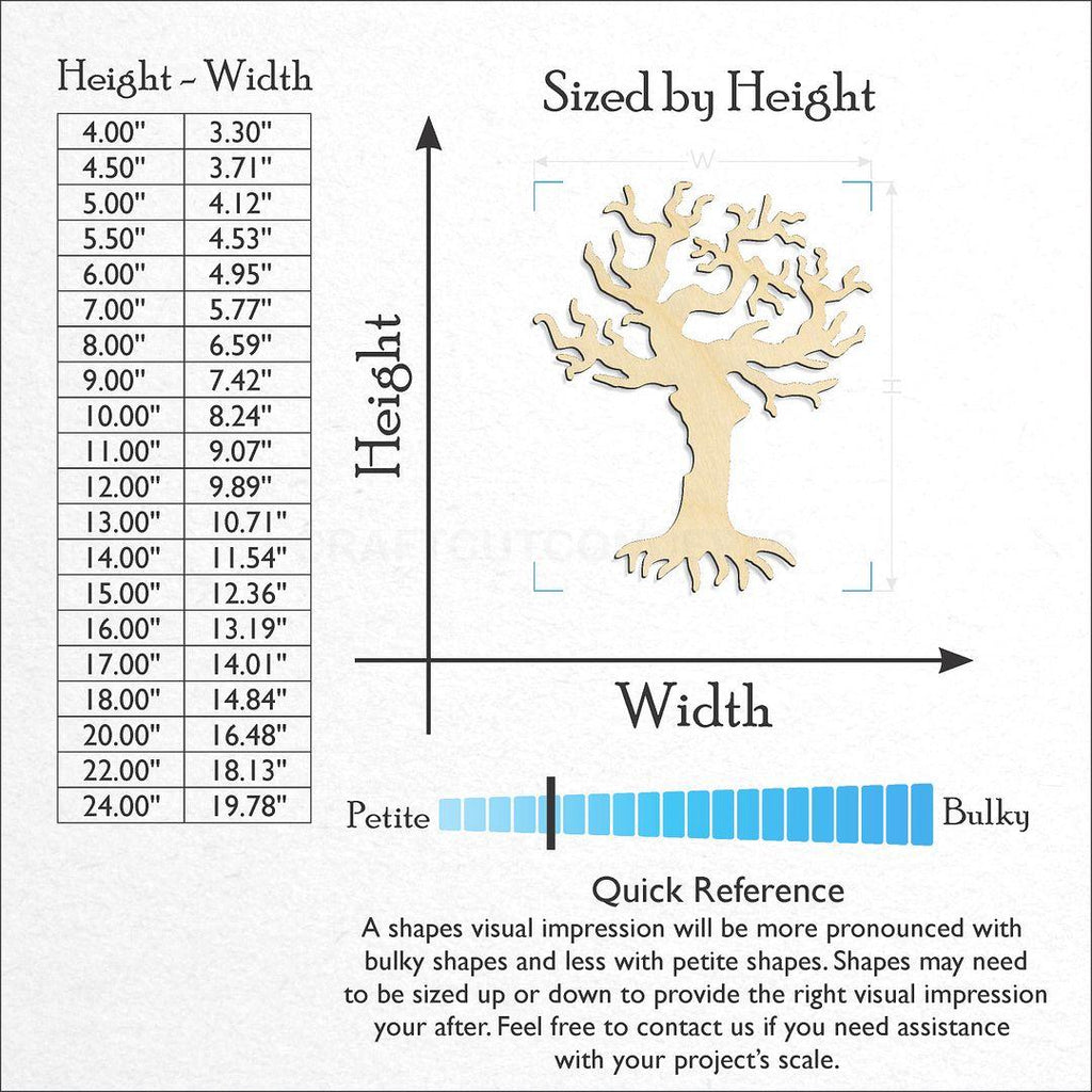 Sizes available for a laser cut Spooky Tree craft blank