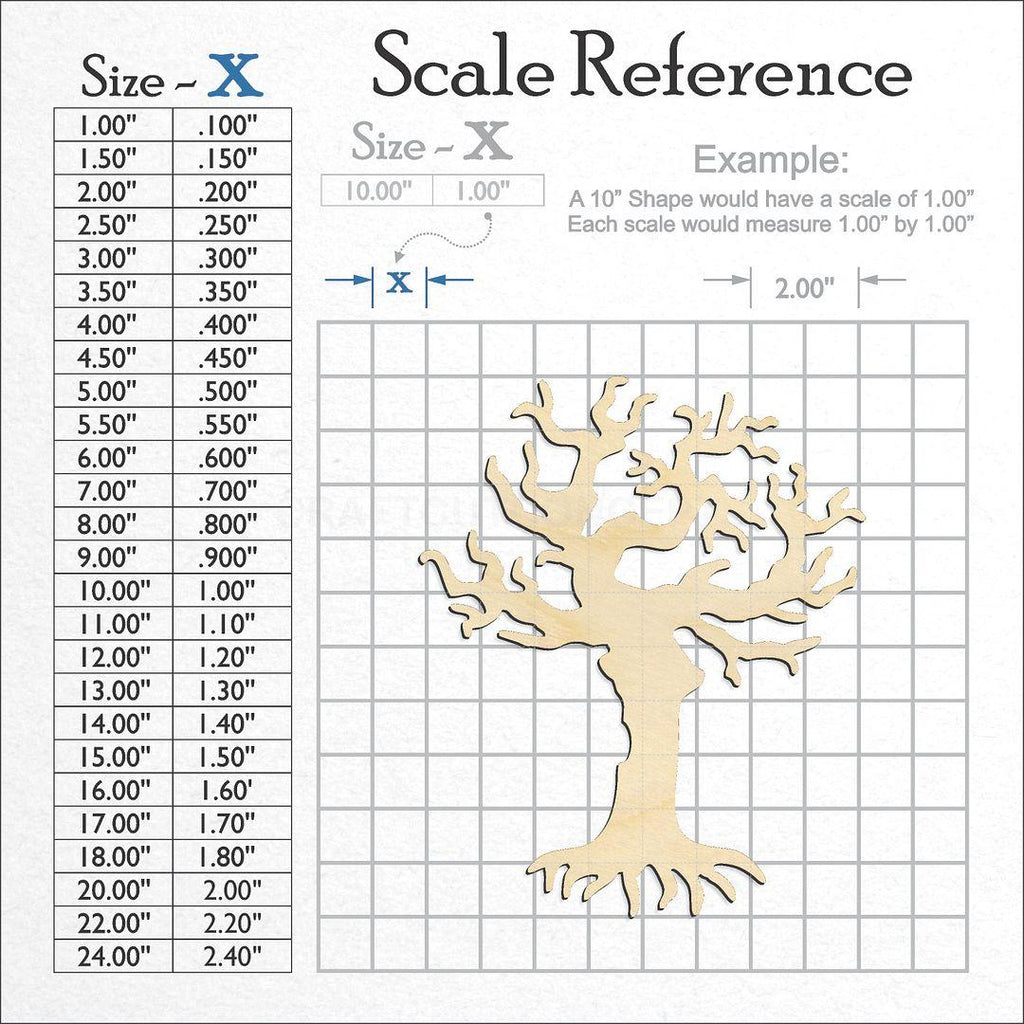 A scale and graph image showing a wood Spooky Tree craft blank