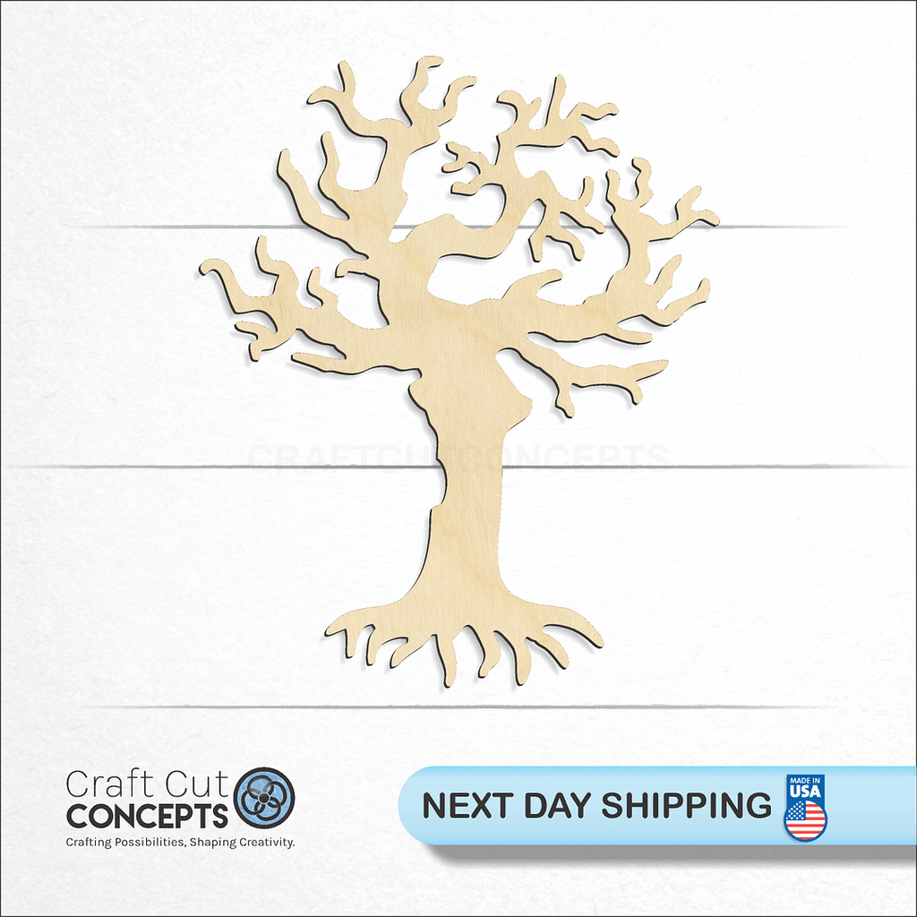 Craft Cut Concepts logo and next day shipping banner with an unfinished wood Spooky Tree craft shape and blank