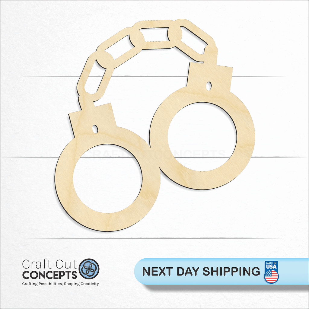 Craft Cut Concepts logo and next day shipping banner with an unfinished wood HandCuff craft shape and blank