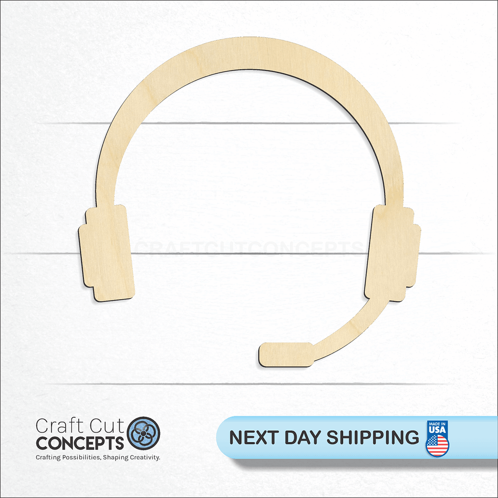 Craft Cut Concepts logo and next day shipping banner with an unfinished wood Headset craft shape and blank