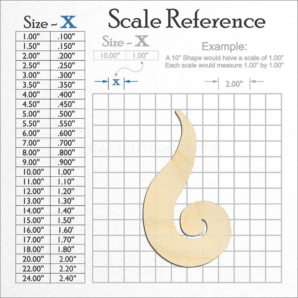 A scale and graph image showing a wood Koru Fern Leaf craft blank