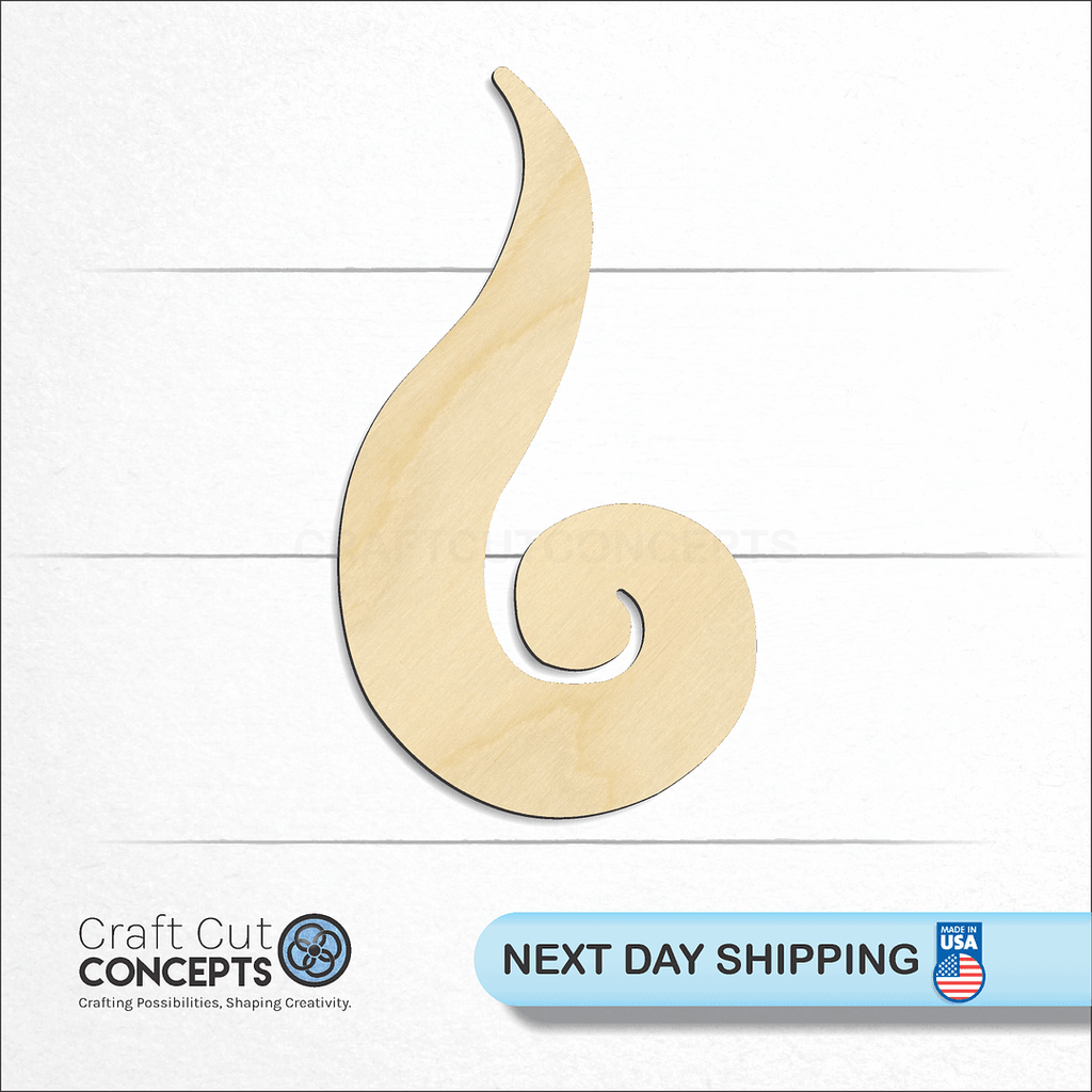 Craft Cut Concepts logo and next day shipping banner with an unfinished wood Koru Fern Leaf craft shape and blank