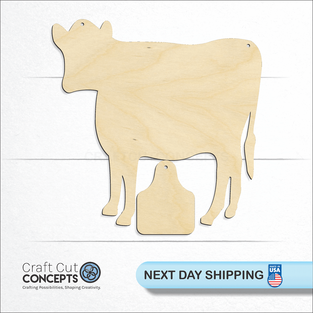 Craft Cut Concepts logo and next day shipping banner with an unfinished wood Cow Calf Door Hanger craft shape and blank